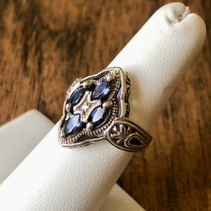 Vintage Tanzanite & Diamond Sterling Silver Cocktail Ring Size 6